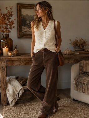 Grace Line Vintage Cable-Knit Sweater Vest | Cream |